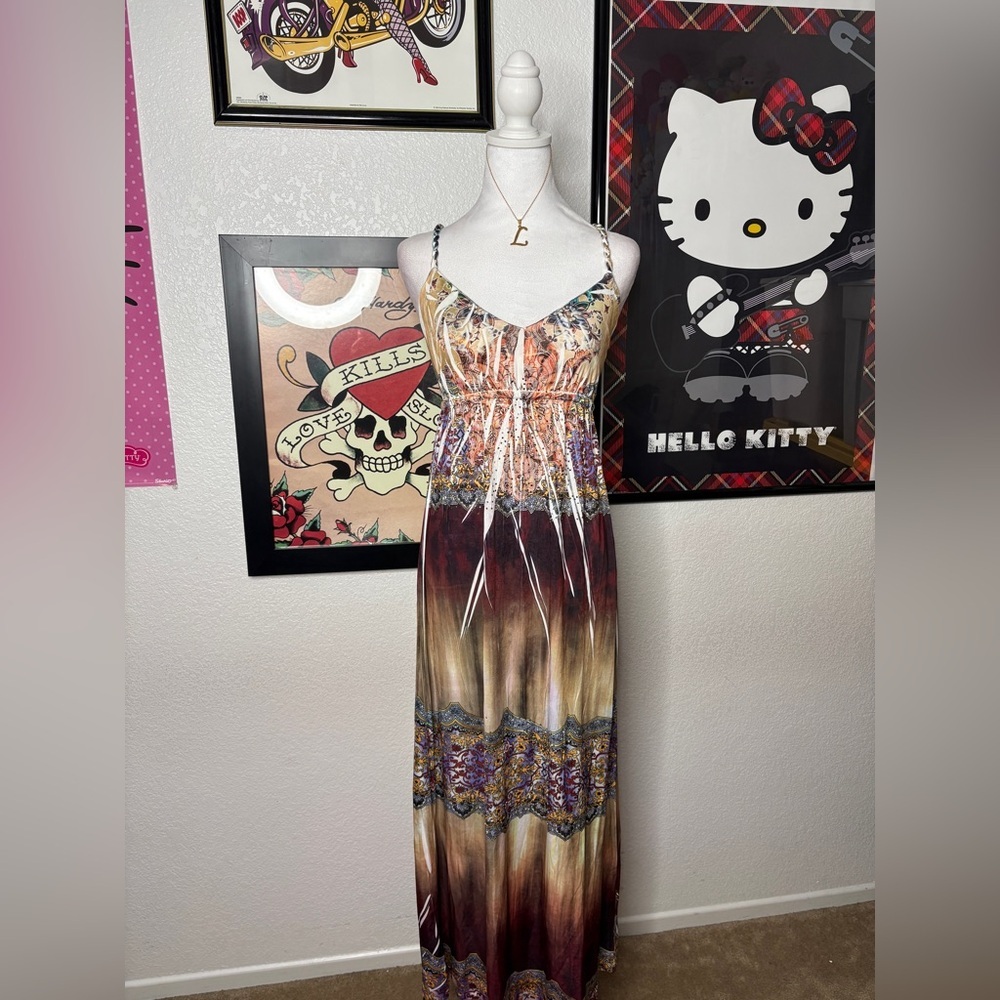 Christinalove Brown Tie Dye Floral Border Maxi Dress Y2K Boho Festival Vintage